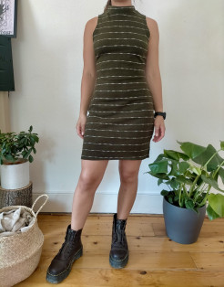 Khaki knit dress with white stripes