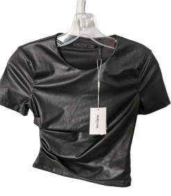 Brand New Helmut Lang faux-leather black gathered t-shirt (XS)