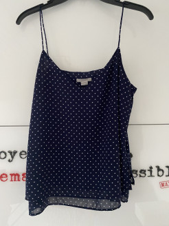 Navy blue top with white polka dots