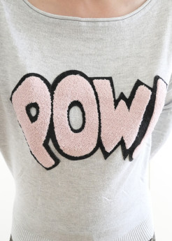 Little grey jumper with comic book text