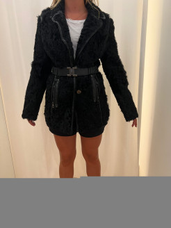 Belted jacket in goat fur and lamb leather