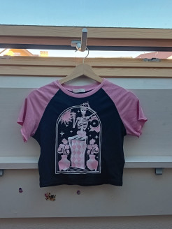 Pink and black top with skeleton image