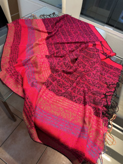 Large scarf (rectangular shawl), fuchsia pink with black motifs