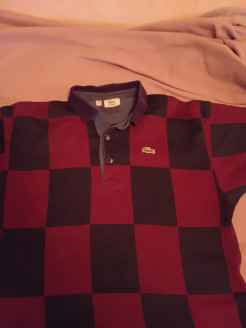 Vintage Lacoste black and burgundy checked polo shirt.