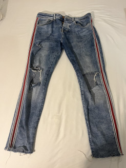 Men's jeans with red and white stripes