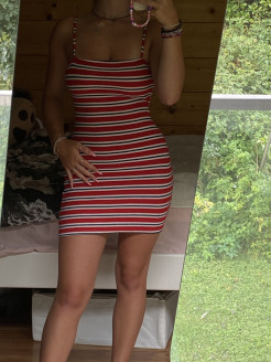 Red summer dress with blue and white stripes