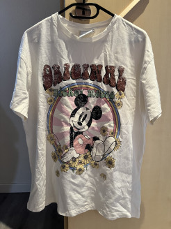 White T-shirt with multicoloured Mickey Mouse design - size L