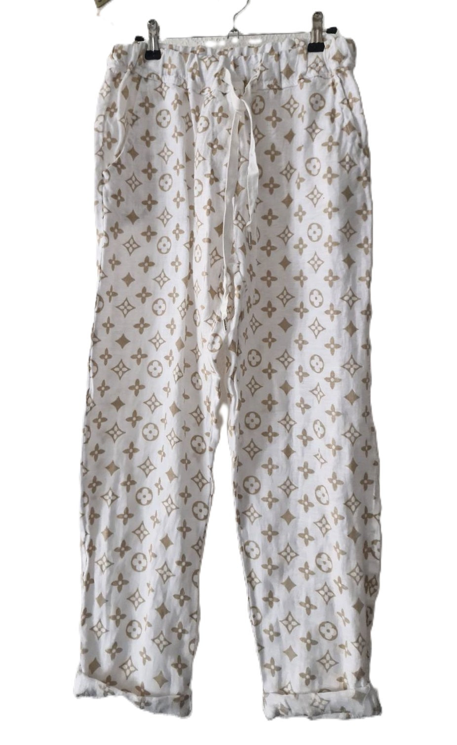 Unbranded Women Linen Print Pant beige/weiß (M)