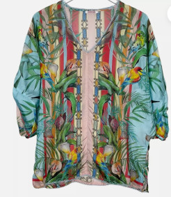 Johnny Was Capri Floral Print Silk Blouse Bird Tropical Multicolor (L)