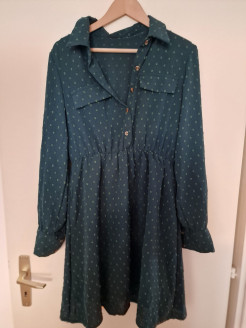 Dark green shirt dress with polka dots