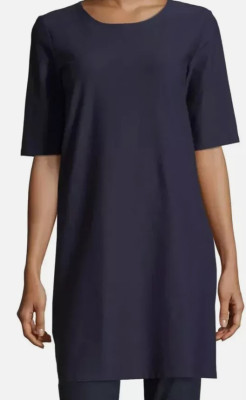 EILEEN FISHER Navy Short Washable Stretch Crepe Side Zip Shift Dress (L)