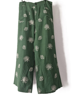 New Zara Embroidered Tropical Green Print Linen Blend Wide Leg Cropped Pants (L)