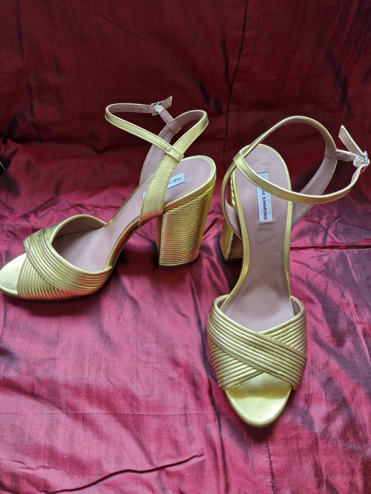 Tabitha Simmons Peep Toe Block Heel Strappy Kali Pleated Gold Yellow (US 9/IT40)