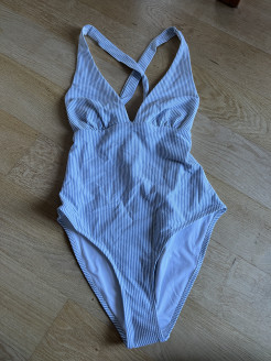 Light blue striped one-piece swimming costume