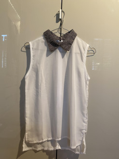 Blouse, white, semi-transparent, with grey collar