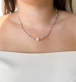 Blue-pink choker with pearls