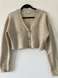 Beigefarbene Strickjacke mit Pailletten