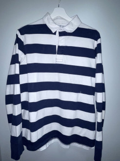 Blue and white long-sleeved polo shirt