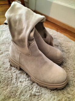 Beige suede thigh boots