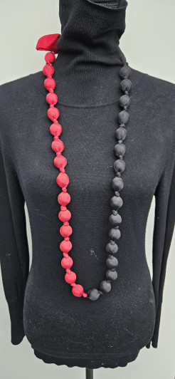 Beaded long necklace in "silk" style fabric