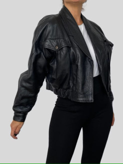 Vintage black biker bomber leather jacket