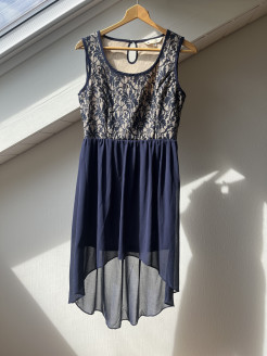 Navy dress with blue/beige lace