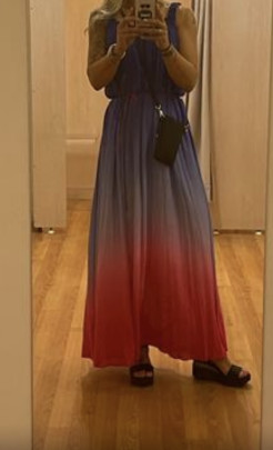 Very long dress in Thai and dai colour with small cord belt. Wear once nice fabric.