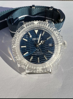 Uhr Seiko mod NH35a transparentes Gehäuse blaues Nato-Armband