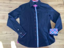 Black shirt with pink and sky blue accents