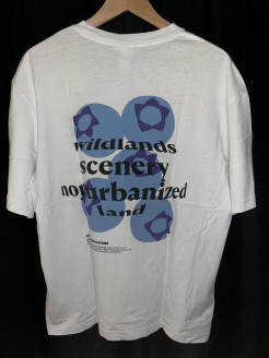 White T-shirt with purple/blue/black prints