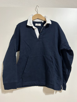 Navy blue polo shirt, white collar