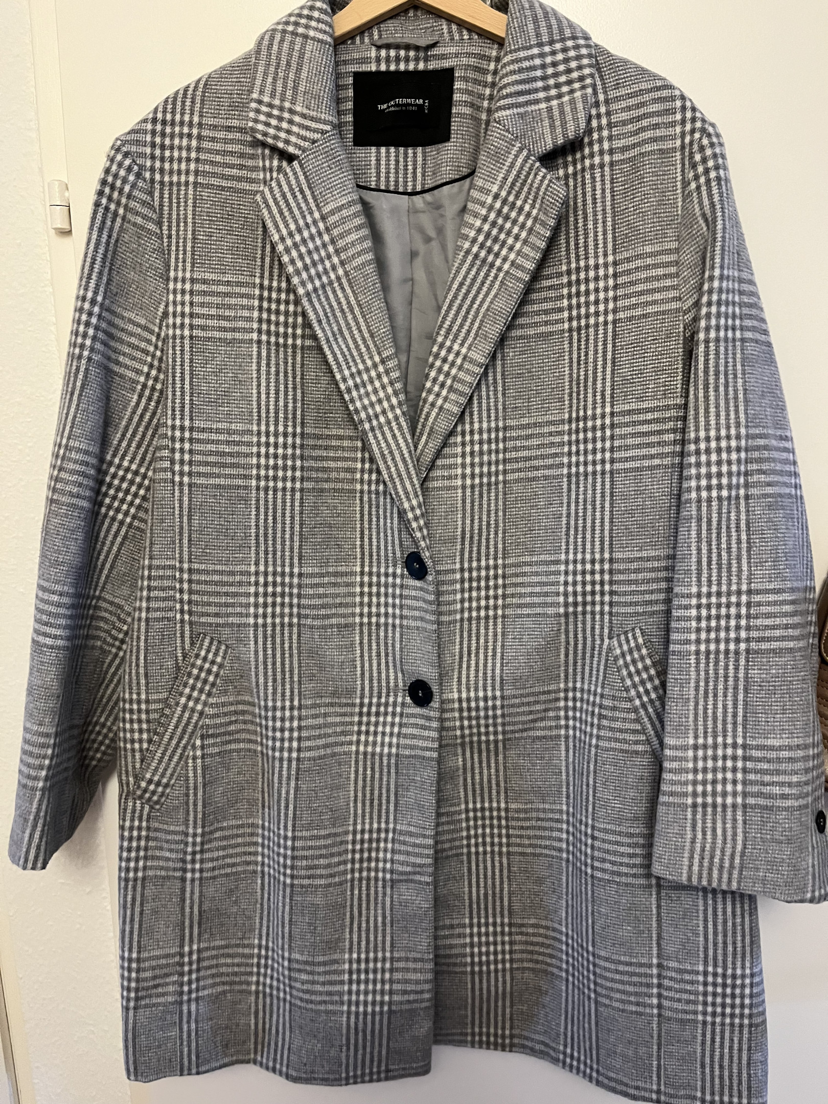 Grey tartan print long coat Clozen