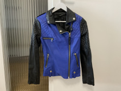 black and blue imitation leather jacket