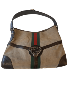 Vintage-Tasche aus beigem Canvas und braunem Leder