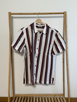 white and burgundy striped shirt