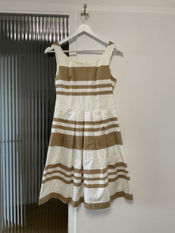 Beige and white striped midi-length dress