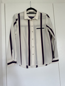 White shirt with navy blue and red stripes