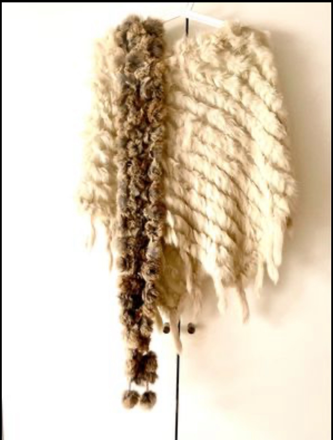 2x1=Pretty off-white beige poncho with scarf. Knitted in rabbit skin.