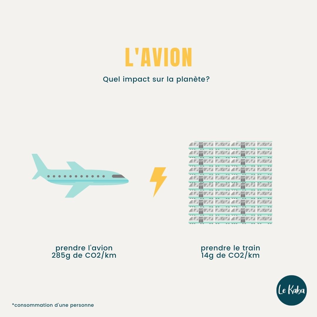 Infographie qui illustre l'emission CO2 d'un trajet en avion et celle d'un trajet en train