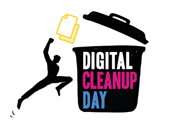 Logo du Digital CleanUp Day où un bonhomme jette des papiers dans une grande poubelle