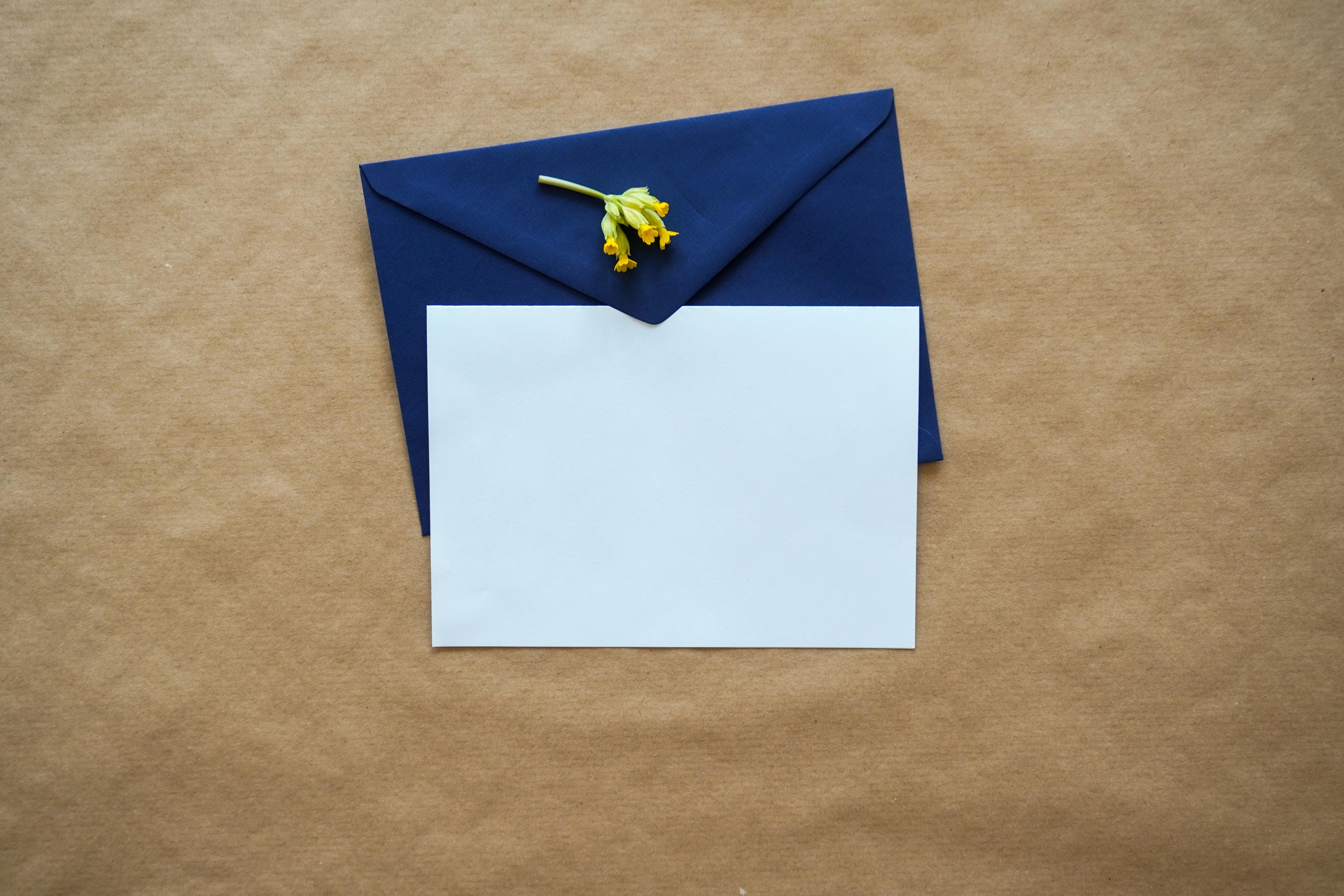 Une enveloppe bleue avec une fleur jaune et un carton blanc 