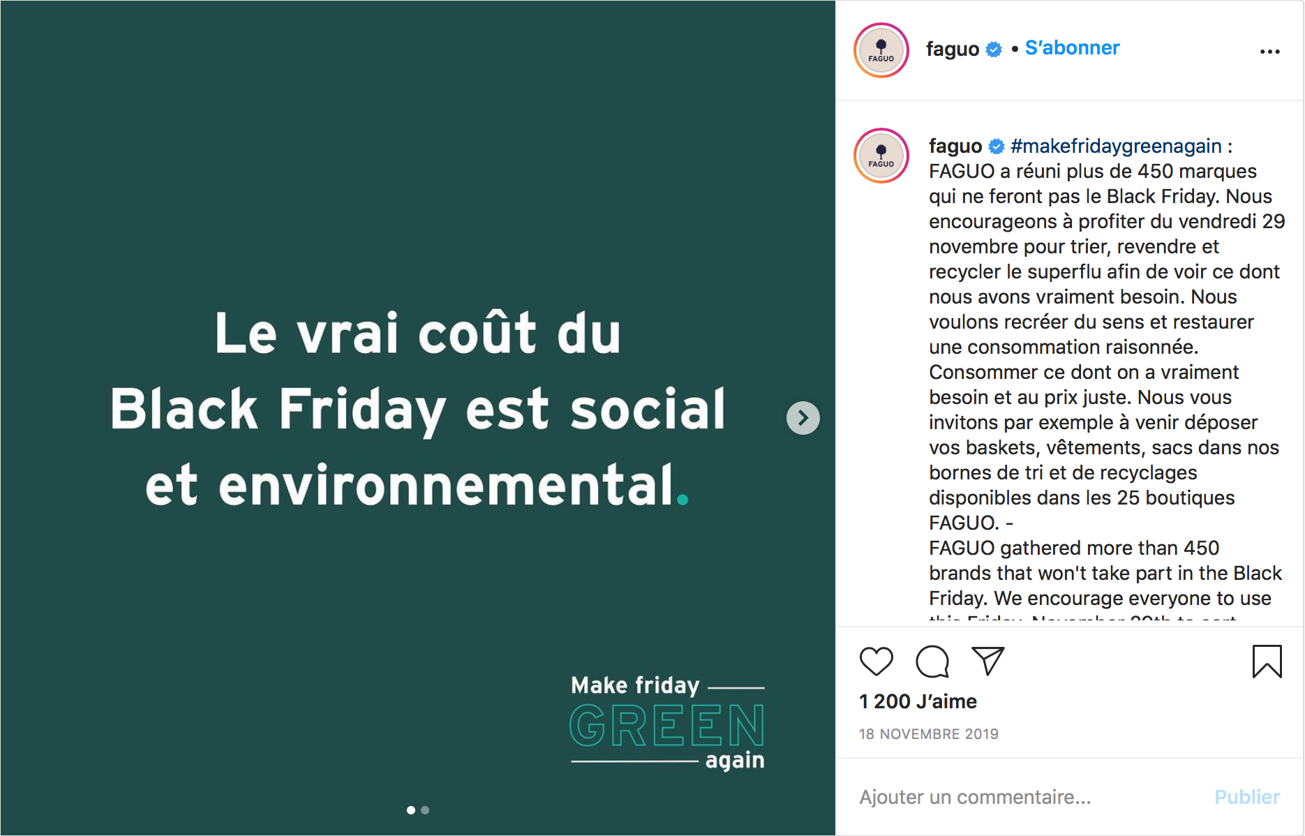 post instagram de la marque Faguo sur le Black Friday