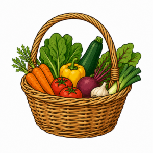 un panier d'osier contenant des légumes frais